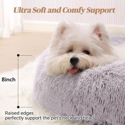 Calming Small Dog Bed, Donut Fluffy Anti-Anxiety Round Washable Cute Bed, Plush Cozy Cuddler Warming Soft Comfort Pet Bed for Small Medium Dogs Cats, 20inch,Light Grey - Image 4