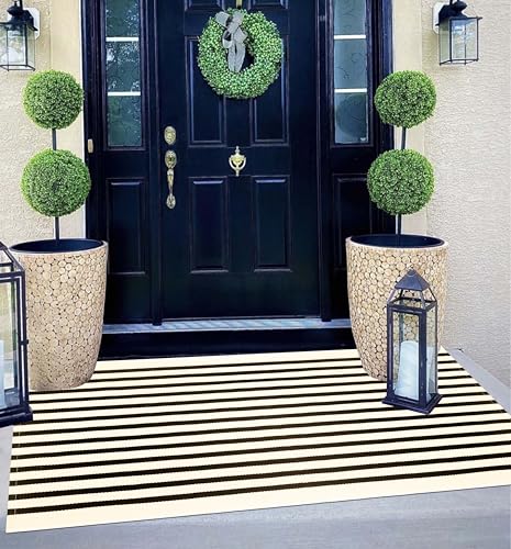 Striped Outdoor Rug 24"x51",Washable Black and Beige Front Door Mat
