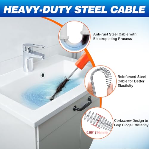 Drainsoon Auto Feed Drain Auger with Drill Adapter, 33 Feet Drain Snake Hair Clog Remover, Manual or Powered Plumbing Snake Drain Cleaner for Bathroom, Shower, Kitchen Sink Cleaning, Comes with Gloves
