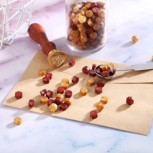 230 Pieces Octagon Sealing Wax Beads Sticks with 2 Pieces Tea Candles and 1 Piece Wax Melting Spoon for Wax Stamp Sealing (Gold and Wine Red)
