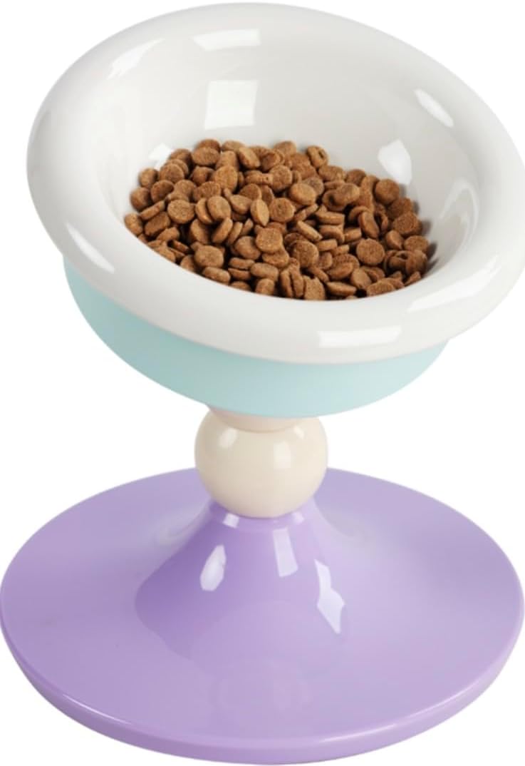 Elevated Ceramic Cat Bowl, Tilted Raised Cat Food Bowl for Indoor Cats, Whisker Friendly Anti Vomiting Cat Feeding Bowl with Non-Slip Stand, Lavender Mint