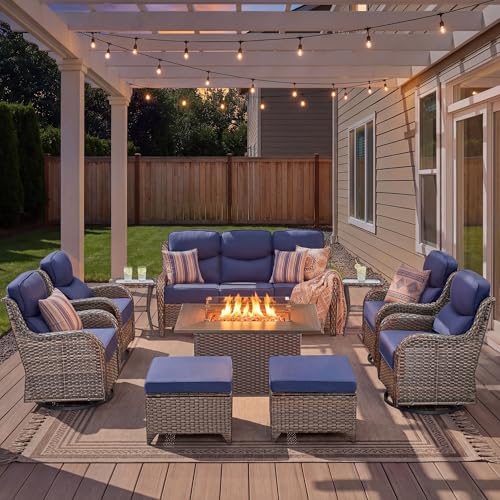Luxury Patio Furniture Set with Fire Pit Table-10 Pieces All Weather Outdoor Swivel Rocker Chairs with Sofa and Ottomans. Outdoors Patio Conversation Sets for Porch Deck Garden Backyard(Brown/Blue)