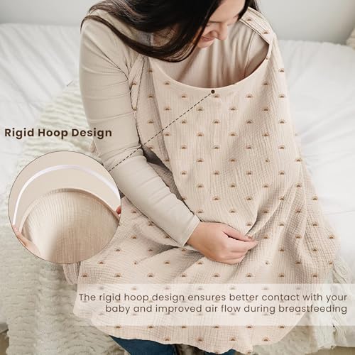 Image of Konssy Muslin Nursing Cover Up for Breastfeeding with Rigid Hoop | 100% Cotton Nursing Apron, Lightweight & Breathable, Carseat Canopy, Breast Feeding Covers for Women