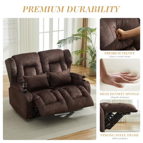 Image of Loveseat Recliner Sofa,RV Wall Hugger Recliners for Small Spaces,Reclining Loveseat Sofa Recliner with Cup Holders /Lumbar Pillows,RV Furniture (Velvet Brown, 56 inch 2-Seater)