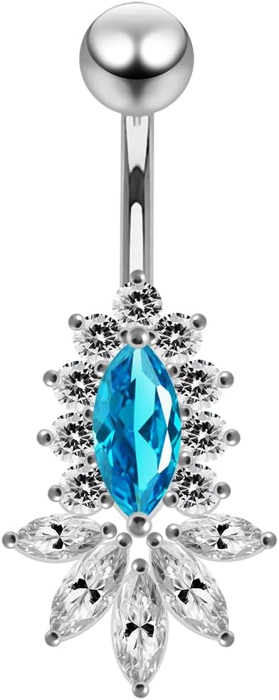 Studded Flower Marquis Shape Design 925 Sterling Silver with Stainless Steel Belly Ring - Belly Button jewelry - Navel jewelry