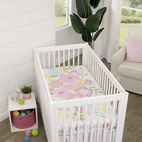 Image of NoJo Floral Burst Pink, Blue, Green and White Flower 100% Cotton Photo Op Fitted Crib Sheet
