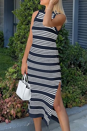 Image of PRETTYGARDEN Summer Dresses for Women 2026 Casual Sleeveless Hollow Out Knit Side Slit Striped Beach Vacation Midi Dress