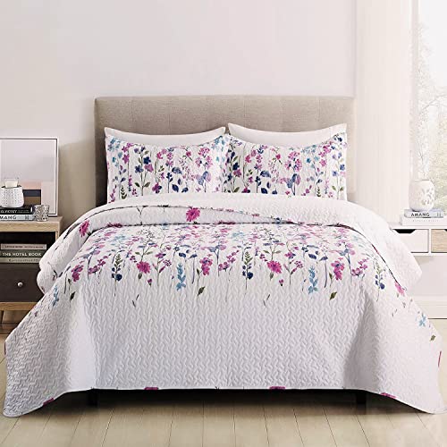 Summer Lightweight Thin Floral Quilts King Size,Purple Blue Lilac Flowers Green Leaves Botanical Bedspread Coverlet Set,Breathable Bed Cover With King Pillow Shams,Random Patterns #TOP1