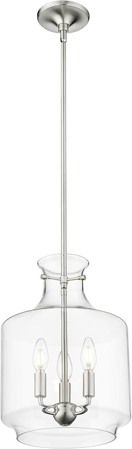 ML Lighting | Mahannah Collection | 22803-BN | Indoor 3 Light Metal Pendant in Brushed Nickel with Clear Glass Shade | Kitchens, Dining Rooms, Living Rooms, Entryways, Hallways