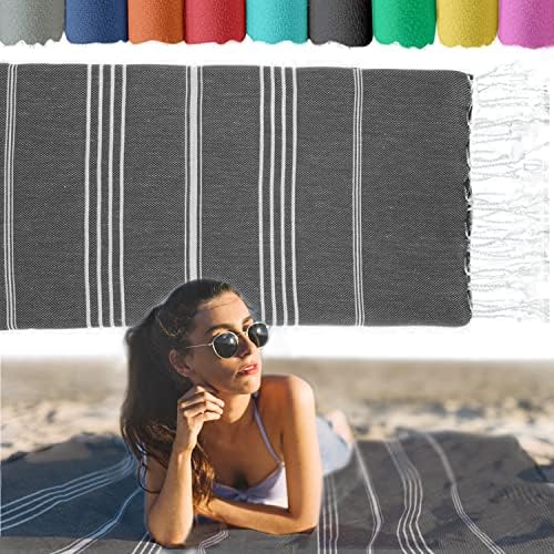 Turkish Beach Towel 37 x 70 Inches - 100% Cotton - Soft and Quick-Dry Sand Free Sand Proof - Thin Lightweight Large Oversized Turkish Towel for Women, Beach Body, Bathroom, Travel, Gym, Black
