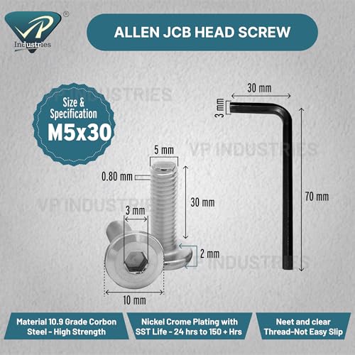 Image of By VP INDUSTRIES (Pcs-25) M5x30 mm Allen JCB Flat Head Screw Nickel Finish | Allen Key Furniture Bolt Fastener for Crib, Bunk Bed, Cot & Barrel Bolt Fittings