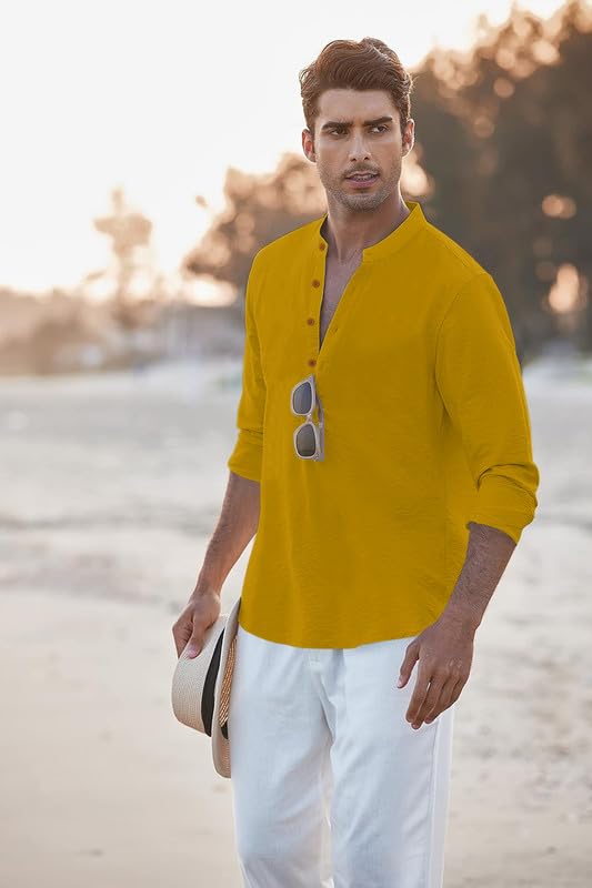 Image of Macsivo Men's Cotton Blend Henley Short Kurta with Mandarin Collar Long Sleeeve Button Closure Curved Hem Regular Fit | Kurta for Men Stylish