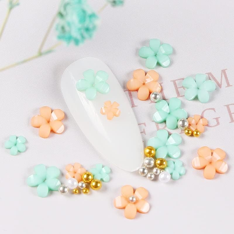 24Bag 3D Acrylic Nail Kit Flower Charm Decoration 5 Petals Resin Florets Mixed Steel Ball DIY Nail Supplies Accessories - (Color: 24bag)