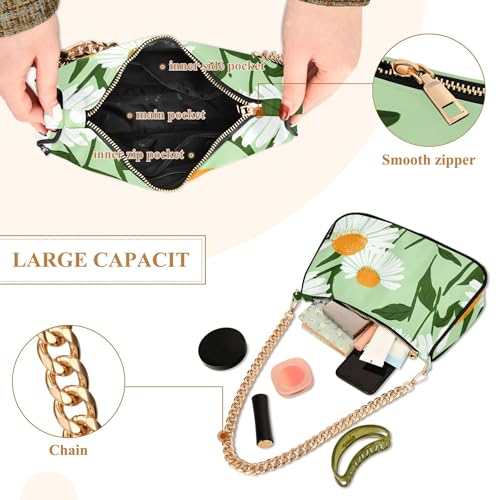White Coneflower Daisies Green Hobo Evening Purse Women Clutch Handbag Pattern Ladies Shoulder Bag Floral Zipper Closure4