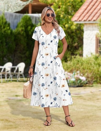 Image of Zeagoo Women Summer Floral Dress Short Sleeve Beach Dress with Pockets Casual V-Neck Split Long T-Shirt Dress Travel Vacation
