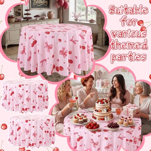 Image of Ganeen 6 Pcs Cherry Plastic Tablecloth 84 Inch Cherry Bow Round Tablecloths Birthday Decor Disposable Plastic Round Waterproof Table Covers for Holiday Weeding Tea Decoration Party Favor