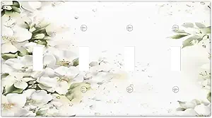 Decorative Switch Plate Covers Rustic Ink Green Leaves White Florals Flower 4 Gang Light Switch Cover Plate Quad Toggle Wall Plate Light Switch Covers for Bedroom Home Decor