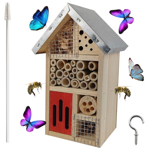 TIHOOD Natural Wooden Hanging Bee House for Gardens Natural Wooden Butterfly Hotel for Bee Butterfly Ladybirds Habitat Bee Hotel Garden