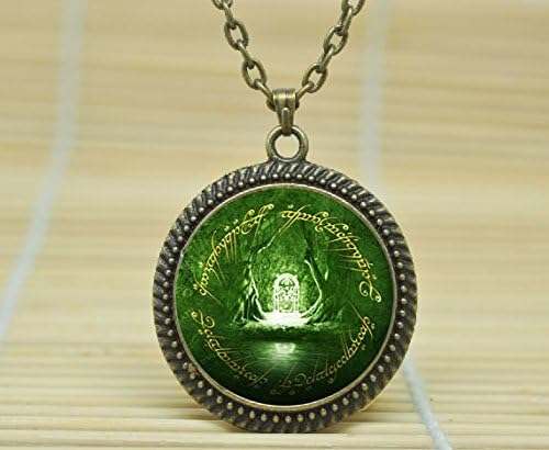 Fashion Jewelry Lotr Lord Moria Door Speak Friend And Enter Green Glass Cabochon Necklace A3057