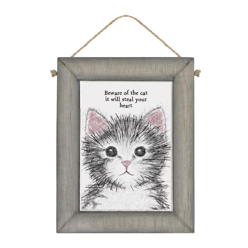 East of India Wooden Plaque Home Decorative Hanging Wall Rustic Sign Sentimental Gift Cat Picture 'Beware of the cat'