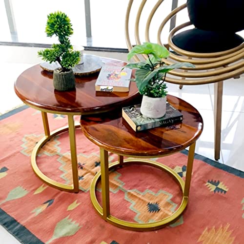 Image of Artlivo Solid Sheesham Wood Round Coffee Table - Set of 2 (22 /17 inch Dia) for Living|Drawing|Bedroom|Office|Balcony|Gift|Diwali|Wedding
