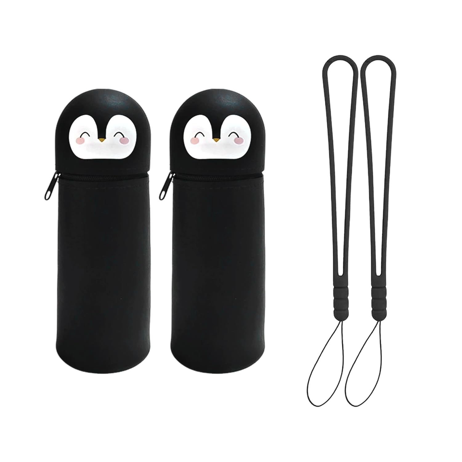 WUFGWBD 2 Pieces Of Silicone Penguin Pen Holder And 2 Lanyard, Standable Stationery Storage Bag, Soft, Anti-Fall And Easy To Clean, Office Desktop Finishing And Decoration.