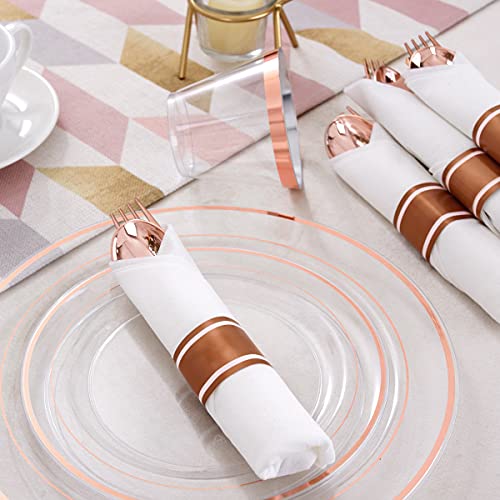 I00000 210 Pcs Rose Gold Plastic Plates With Silverware, Clear Disposable Dinnerware Includes: 30 Dinner Plates 10.25" 30 Dessert Plates 7.5" 30 Cups 30 Per Rolled Napkins With Cutlery For Party #TOP2