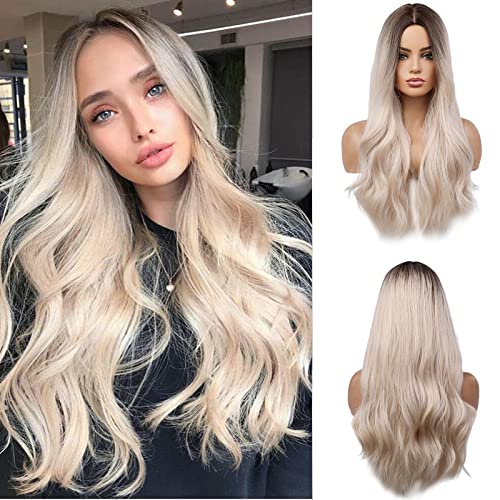 Esmee 24 Inches Long Wavy Black Brown Wigs Cosplay Costume Party Wig for Black Women Afro High Temperature Fiber Synthetic Hair Wigs