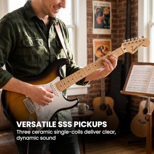 Image of Fender Squier Sonic Stratocaster - 2-Color Sunburst Bundle with Mustang Micro Headphone Amp, Cable, Tuner, Strap, Picks, and Austin Bazaar Instructional DVD