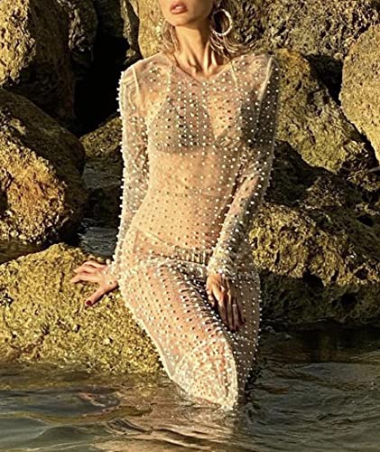 xxxiticat Women's Rhinestone Mesh Cover Ups Long Sleeve Fake Pearl Bubble Bead Crystral See Through Beach Party Maxi Dress4