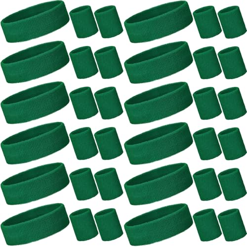 36 Pcs Neon Sweatbands Set 12 Headbands 24 Wristbands, Dark Green, Small