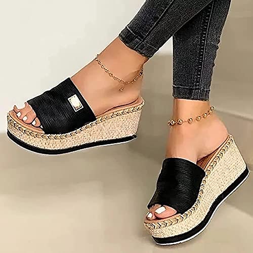 Women Wedges Shoes Mules 2021 Fashion Platform Non-Slip Sandal Summer Beach Home Slip on Slide Slippers Comfortable Walking Shoes Large Size,Brown,US4/EU354