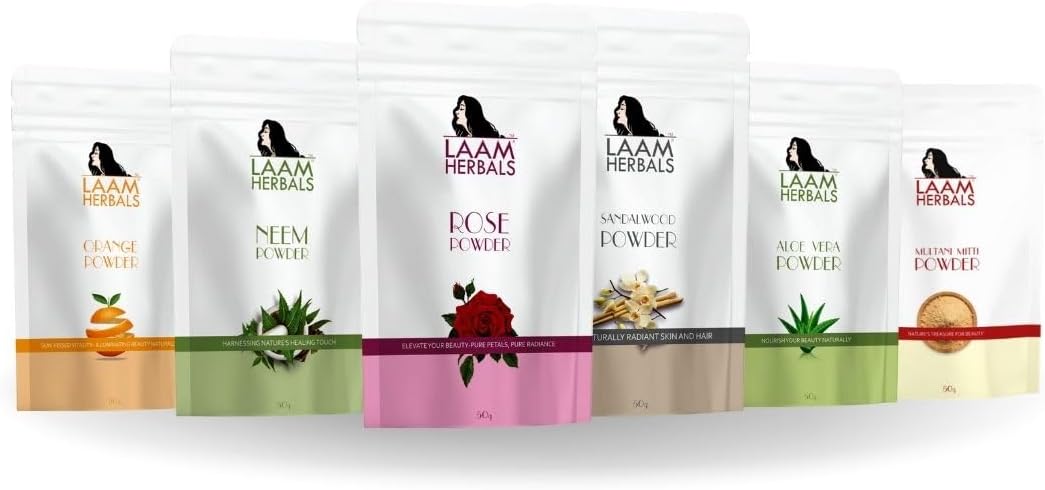 Laam Rose Petal, Orange Peel, Multani Mitti, Aloe Vera, Neem Leaf, Sandalwood Powder | Instant Glow, Anti-Acne, De-Tan, Even Toning | Natural Skin & Body Cleanser (6X50 g)