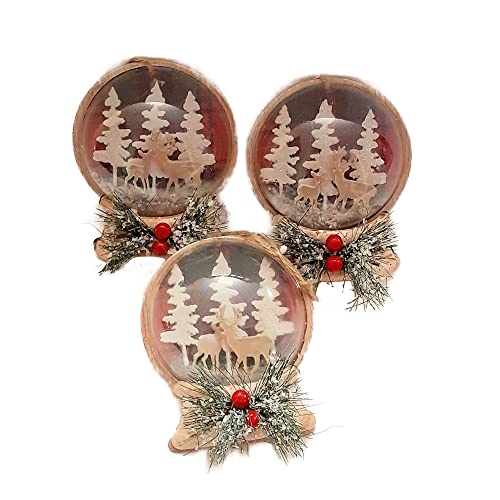 Set of 3 Rustic Snow Globe Country Deer Christmas Tree Ornaments for The Holidays appx 5 in Tall