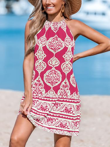 Image of CUPSHE Women Halter Summer Dress Back Self Tie Sun Dress Casual Holiday Vacation Beach Paisley Boho Short Mini Dress