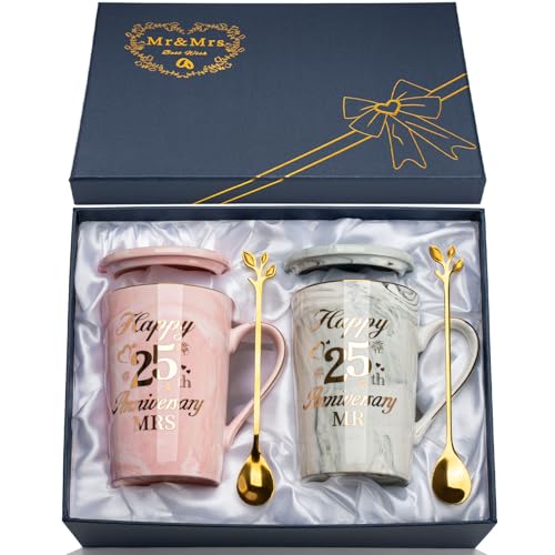 Silberhochzeit Geschenk, Geschenke zur Silberhochzeit für Frauen Männer, Geschen-k Silberhochzei-t 2PCS Mr Mrs Keramik Marmor Tassen 14Oz,...