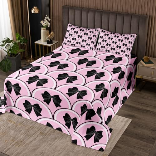 jejeloiu Watercolor Bow Bedspread for Girls Boys Kids Twin Size Cute Bowknot Coverlet Set Room Decor Coquette Bows Quilted Coverlet Pink and Black 2Pcs Soft Microfiber