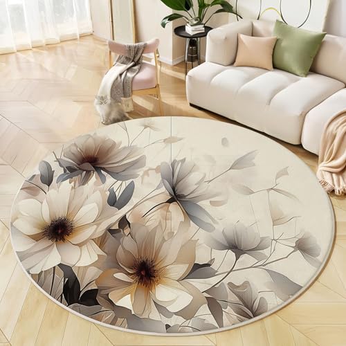 MIATCENRT Round Rug for Living Room, 90cm Area Rugs Nature Art Style Circular Rug Geometric Flowers Carpet, Beige Gray Soft Short Pile Large Carpets Anti Slip Floor Mat for Bedroom