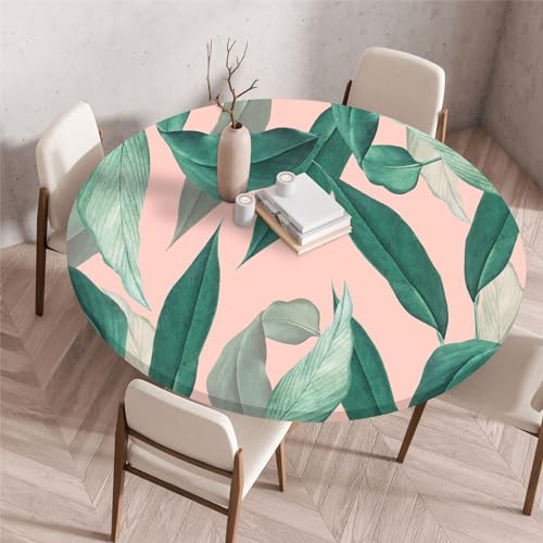 Odot Nappe de Table Ronde en Anti Tache Intérieur Extérieur 3D Vert Plante Couverture de Table avec Bord Élastique Nappes Rondes Lavable pour Décoration...