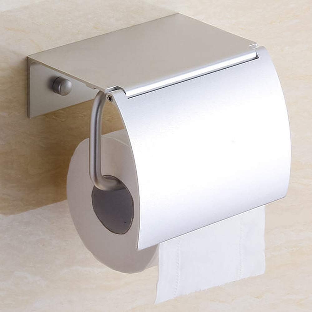 Toilet Paper Holder Wall Mounted with Phone Shelf Tray for Bathroom Restroom Hotel,Aluminum TP Holder Wall Mount with Cover Lid Metal Modern Rust Free Universal Tissue fit Mega Roll, Matte Silver