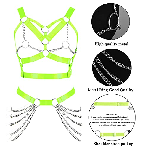Body Chain Harness For Women Lingerie Full Cage Chest Strap Garter Punk Goth Stretchy Fabric Halloween Rave (Fluorescent Green) #TOP4