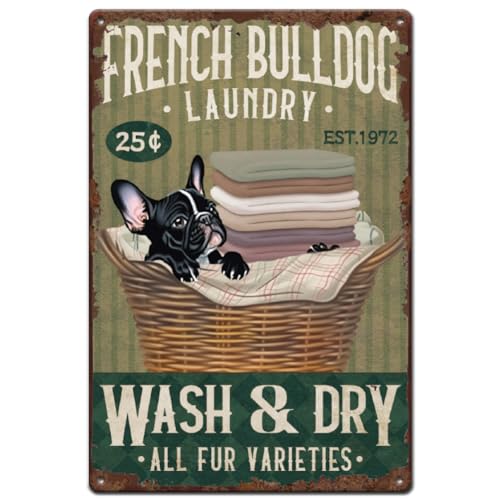 SUPERDANT Cartello in Metallo Bulldog Francese Lavanderia Targhe in Metallo Lavare e Asciugare Vintage Poster con Placca Murale Cane Nero Decorazione Del Bagno Regalo per Donne Uomini Amici