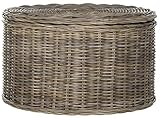 SAFAVIEH Home Collection - Jesse Grey Wicker Storage Round Coffee Table, Fully Assembled, Handwoven Rattan with Lift-Off Lid & Cotton-Lined Interior, Decorative Living Room Accent (SEA7034B)