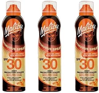 3 Malibu Aerosol Continuous Dry Oil Sprays SPF 30. Pack Contains 3 Bottles - 175ml Each