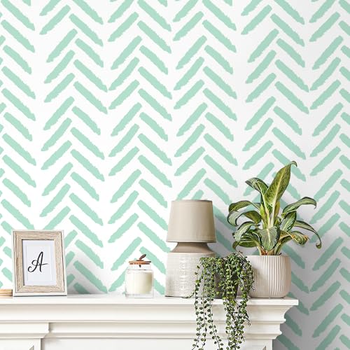 VEELIKE Aqua Watercolor Herringbone Peel and Stick Wallpaper Green and White Geometric Wallpaper for Bedroom Nursery 17.7''x118'' Removable Boho Chevron Art Deco Wall Paper for Bathroom Living Room by VEELIKE - Image 6