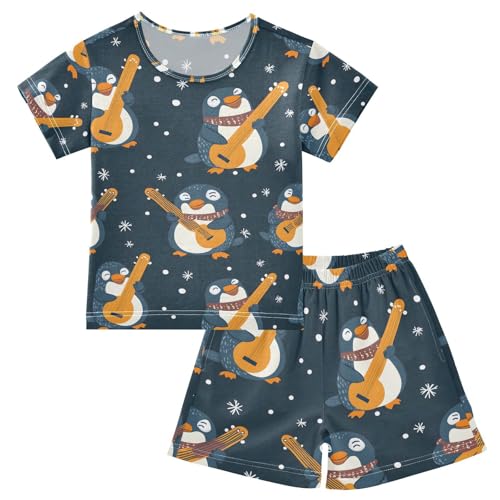 ALAZA Christmas Guitar Penguin Snowflake Pajamas Set Short Sleeve Cotton Sleepwear Summer Pjs 2 Piece 5-14Y