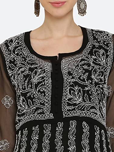 Image of FAWOMENT Women's Georgette Yok Anarkali Kurta with Intricate Lucknowi Chikankari Fine Hand Crafted Embroidery
