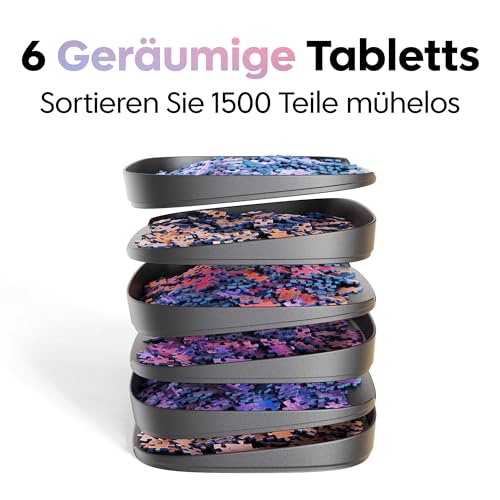 Puzzlup Stapelbare Puzzle Sortierschalen mit Box Anzeige auf Deckel – Set aus 6 Schalen – Bis zu 1500 Teile – Premium Puzzle Sortierer mit Offene Kanten Design