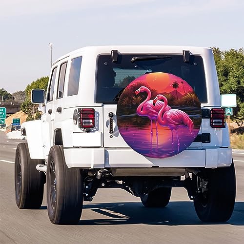 Image of Pink Flamingo Spare Tire Cover Dust-Proof Wheel Tire Cover Fit Trailer, RV, SUV and Many Vehicle 17 Inch