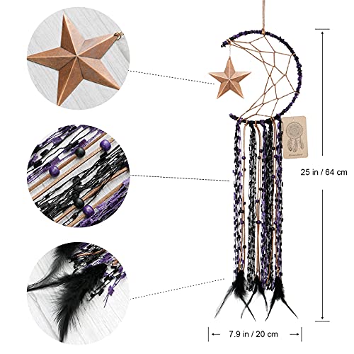 Dremisland Moon Dream Catcher Handmade Half Circle Moon Design Dream Catcher Feather Hanging with Star Home Decoration Ornament Festival Gift (Purple) - Image 4